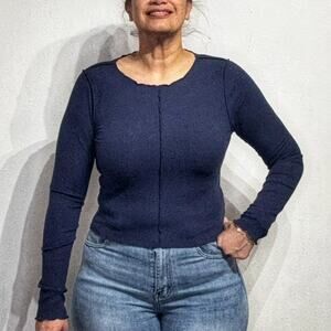 Aerie Navy Ribbed Cropped Long Sleeve Top Sz M